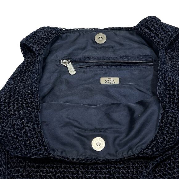 Purse The Sak Crochet Hobo Shoulder Bag Dark Blue Slouchy Inner Zip Pocket Lined - Picture 4 of 14